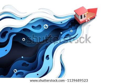 Paper art of red boat and the sea, origami and travel concept, vector art and illustration. Royalty-Free Stock Photo #1139689523