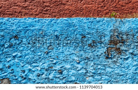 Peeling blue and red paint on roughly textured wall with weeds growing