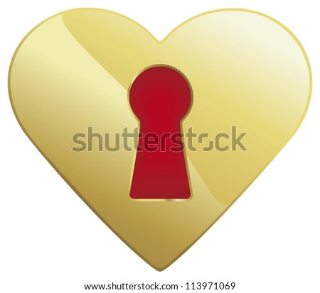 A heart shaped golden keyhole with red isolated on white.