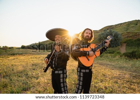 Musicians mariachi outdoor. Latin music. 