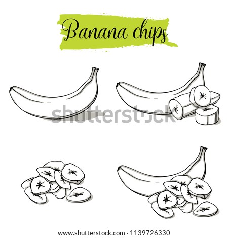 Hand drawn sketch style Banana set. Single, group fruits, banana chips, slices. Organic food, vector doodle illustrations collection isolated on white background. Royalty-Free Stock Photo #1139726330