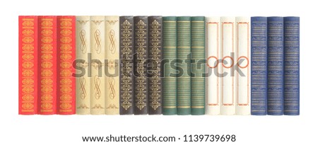 Science and education -  very big image horizontal pile group of colorfull books and white background.