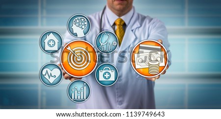 Unrecognizable diagnostician presenting a value-based health care model. Medical and healthcare concept for finding and improving hospital care quality, reimbursement, private health insurance. Royalty-Free Stock Photo #1139749643