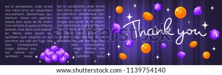 Thank you lettering coins and diamonds, vector template designs for congratulation  banners and flyers.