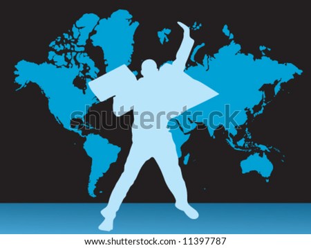 Happy businessman and behind map of the world