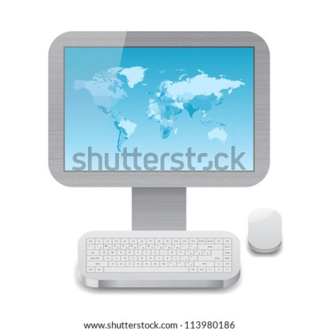 Icon for personal computer with blue world map on display. White background. Vector saved as eps-10, file contains objects with transparency.