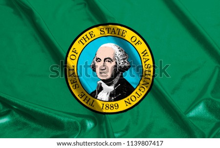 Washington State Flag of America Rippled Waving closeup background.