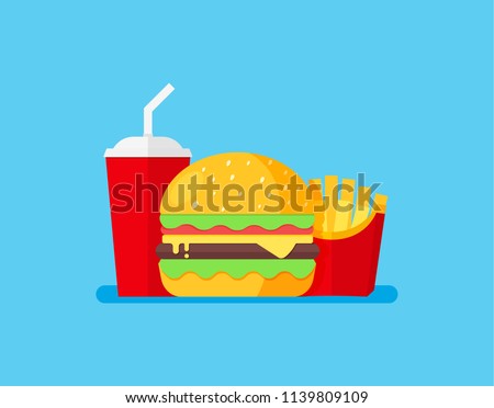 Burger Set Vector Illustration. Cheeseburger, french fries and soda. 