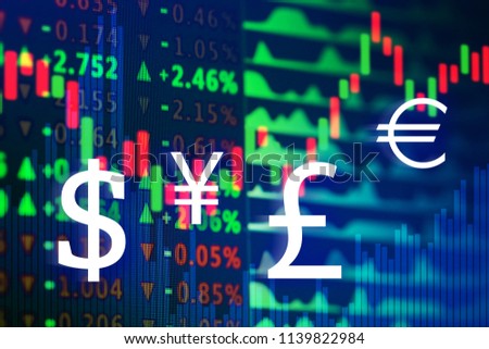 Stock exchange graphs and rates with currency symbols on color background. Financial trading concept