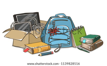 Education and back to school background with school supplies, box, backpack, accessories. School or office stuff. Vector cartoon illustration.
