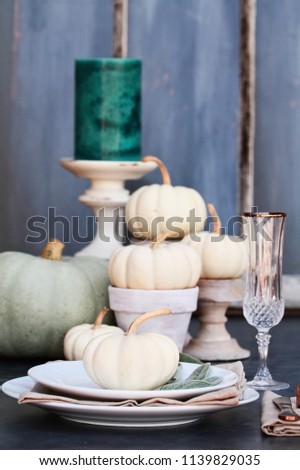 Thanksgiving Day or Halloween place setting with heirloom mini white and grey pumpkins and candles against a rustic autumn background.