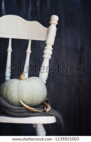 Large heirloom pumpkin with winter scarf and deer antlers upon an old country white chair against a dark background for Thanksgiving Day or Halloween. Free space for copy text.