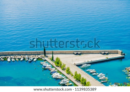 motor boats anchored by the sea.top view.aerial picture