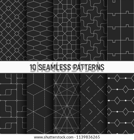Set of ten seamless patterns. Abstract geometrical trendy vector backgrounds. Fashion design. Modern stylish textures with hexagons, rhombuses, dotted lines, squares. Repeating geometric shapes.