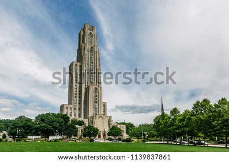 Cathedral of Learning, a 42-story Late Gothic Revival Cathedral, at the University of Pittsburgh's main campus in Pittsburgh, USA Royalty-Free Stock Photo #1139837861