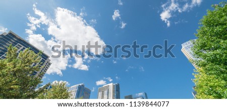 Panorama view beautiful green urban park in downtown Dallas in sunny day. Low angle view tree lush canopy with modern buildings in background cloud blue sky. Public recreation and outdoor concept