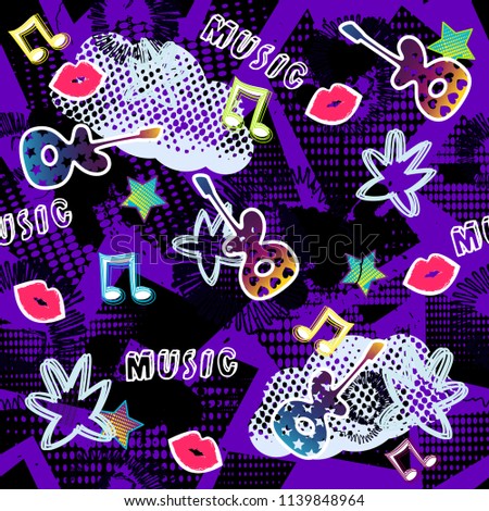 Abstract seamless sport pattern for girls, boys. Creative vector sport pattern with dots, guitar, lips star. Funny wallpaper for textile and fabric. Fashion sport pattern style. Colorful bright.