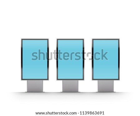 Mock up of three street information board at the stand. 3D rendering, isolated on white. Clipping path