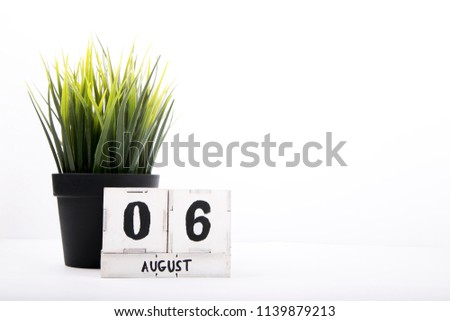 August 6th. Image of August 6, calendar on white background with empty space for text. Summer time