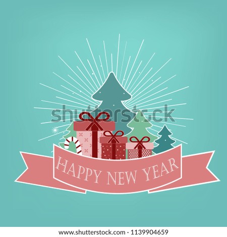 beautiful vector banner postcard logo with text with gifts and a Christmas tree on a green background for a holiday new year and Christmas in winter in December