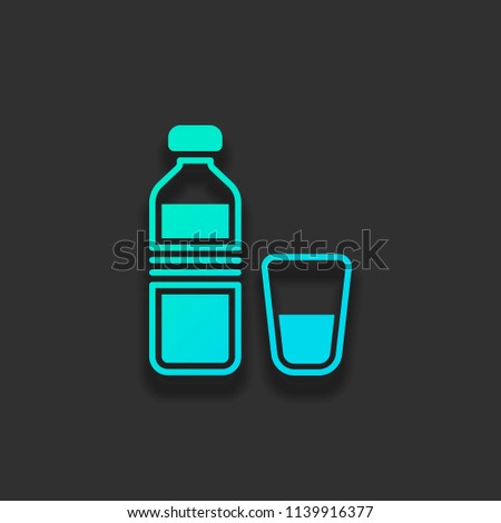 bottle of water and glass cup. simple icon. Colorful logo concept with soft shadow on dark background. Icon color of azure ocean