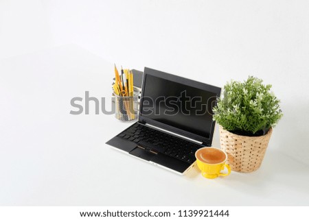 Workspace with laptop computer, office supplies,plant decoration on office table at home or studio. Mock up concept.