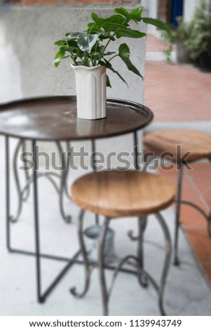 Cafe outdoor patio dining area, stock photo