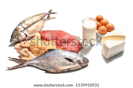 Nutritional pyramid, meat, fish, milk , eggs, cheese, chicken and prawns.