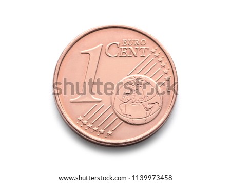 One cent euro coin. 1 cent euro coin isolate on white background. Currency of the European Union realistic photo image with clip path Royalty-Free Stock Photo #1139973458