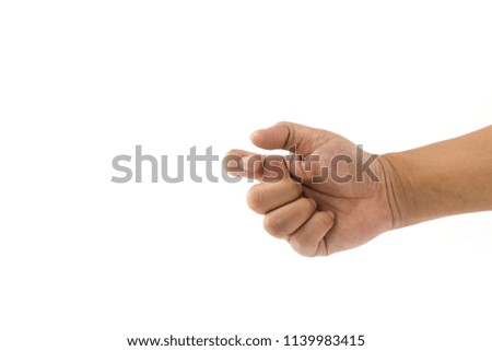 Hand of man is showing the gesture for hooking something isolated on white background