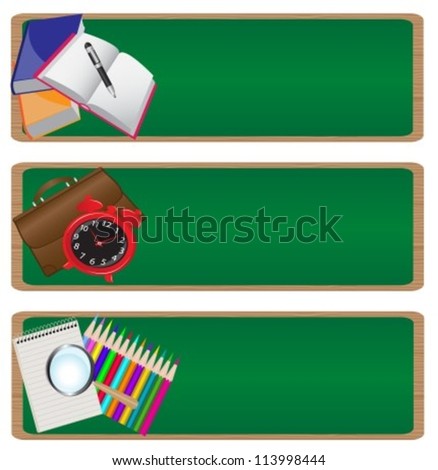 set of three banners "back to school" with a picture of various school supplies on the background of the school board.