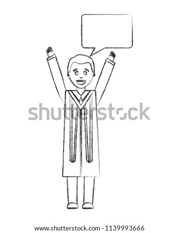 young man graduated with hands up and speech bubble