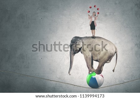 Picture of Caucasian businesswoman juggling with many red balls while standing above circus elephant