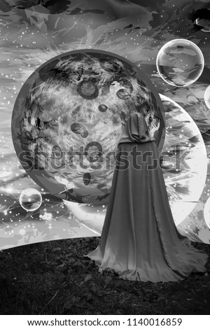 cosmos panorama. the lord of the worlds. illustration and photo combination. space starry space above worlds and planets and a man in a raincoat.