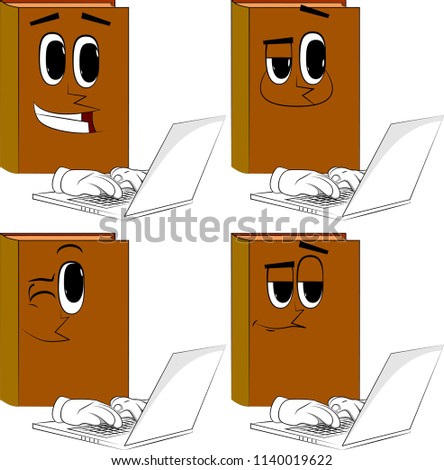 Books working with laptop. Cartoon book collection with happy faces. Expressions vector set.