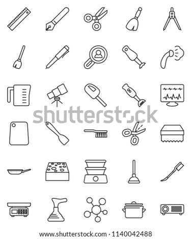 thin line vector icon set - plunger vector, broom, fetlock, sponge, car, steaming, pan, measuring cup, spatula, cutting board, blender, pen, ruler, drawing compass, telescope, scissors, social media
