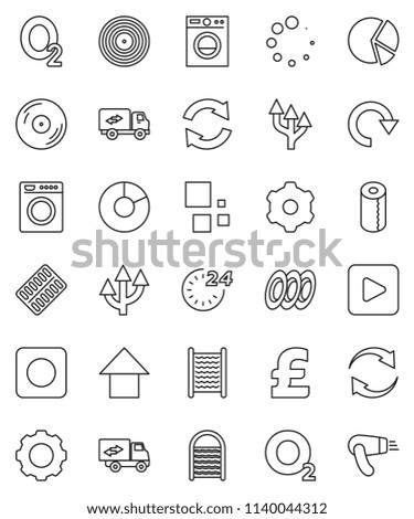 thin line vector icon set - washboard vector, toilet paper, plates, pie graph, arrow up, pound, oxygen, disk, play button, rec, pills blister, gear, refresh, redo, loading, route, relocation truck