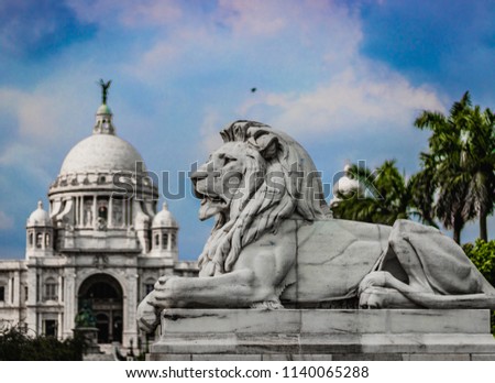 Sculpture of a lion at the gates of the Victoria Memorial hall in Kolkata India