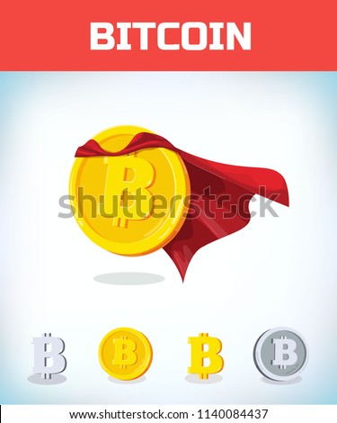 Funny super hero businessman flying Bitcoin. Miner bit coin digital currency cryptocurrency. Orange coin with bitcoin symbol isolated white background. Virtual money concept.
