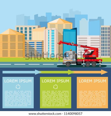 Construction machinery in the background of buildings.  City architecture. Building banner and poster. Vector illustration

