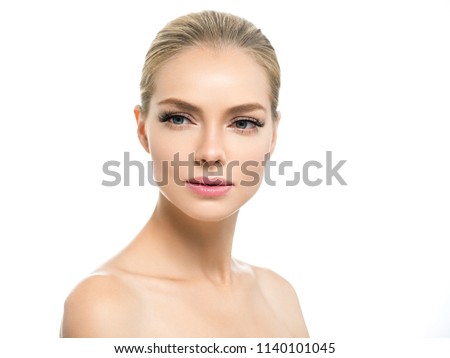 Beautiful blonde woman with natural makeup healthy skin beaauty concept isolated on white