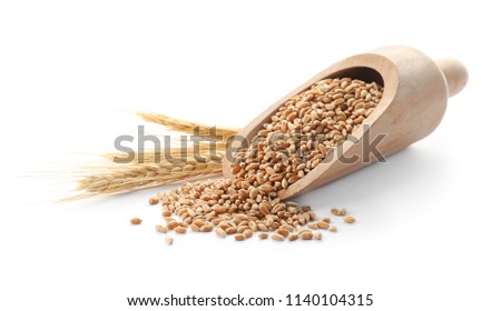 Scoop with wheat grains and spikelets on white background Royalty-Free Stock Photo #1140104315