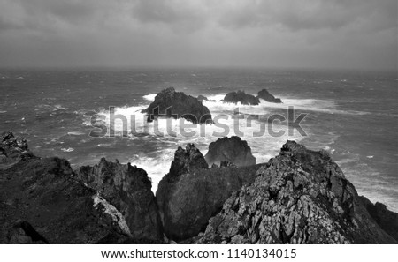tribute to Ansel Adams,artistic black and white photography of storms with waves and wind on tthe cape ortegal and the Aguillons,Carino,A Coruna,Galicia, Spain, oldest rocks in the world,amphibolites,