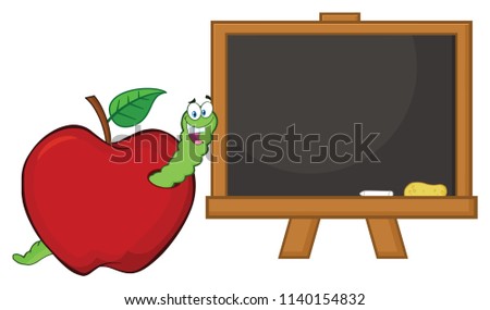 Happy Worm Cartoon Mascot Character In A Red Apple With A School Chalk Board. Vector Illustration Isolated On White Background