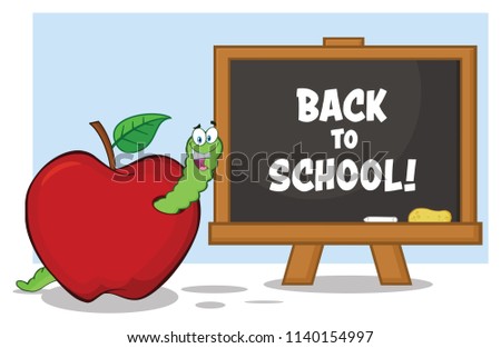 Happy Worm Cartoon Mascot Character In A Red Apple With A Back To School Chalk Board. Vector Illustration Isolated On White Background