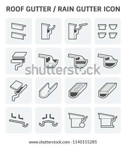 Rain gutter with halfline shape vector icon. Include downpipe or downspout, guard cover, gutterstuff, rainwater, pipe, pipeline,roof and house building. Construction part of water drainage system.