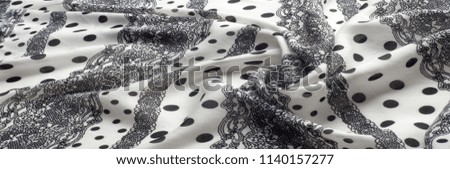 Texture, pattern, background. Cloth cotton. White fabric, painted with black polka dots, black lace. Black White Grunge Spots Fabric - Grungy Polka 