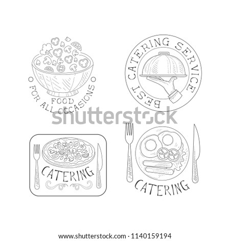 Set of 4 hand drawn emblems for catering services. Monochrome vector logos with salad bowl, hand with tray, pizza and English breakfast