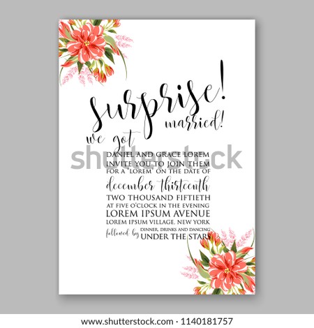 Floral wedding invitation or card vector template red peony rose ranunculus chamomile bridal shower wreath greeting card