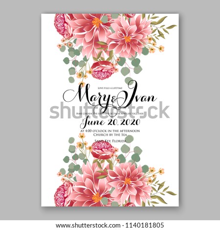 Floral red chrysanthemum peony wedding invitation vector printable card template Bridal shower bouquet flower marriage ceremony wording text